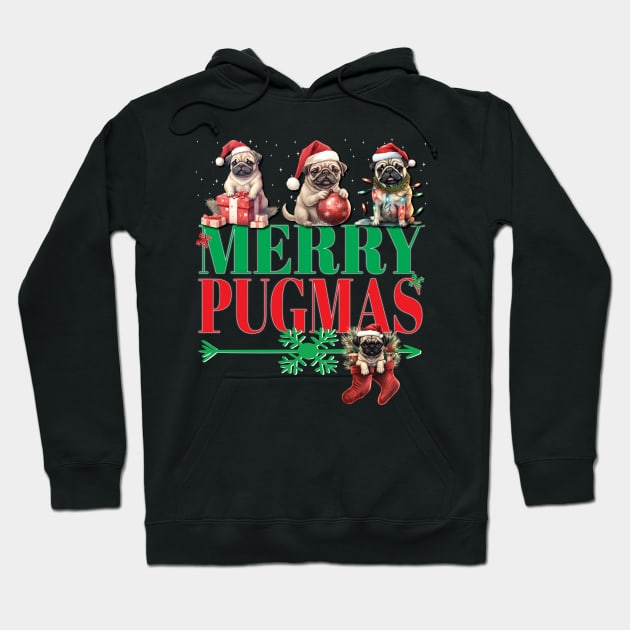 Christmas Pugs With Santa Hat Merry Pugmas Xmas Puppies Dog Christmas Hoodie by Envision Styles